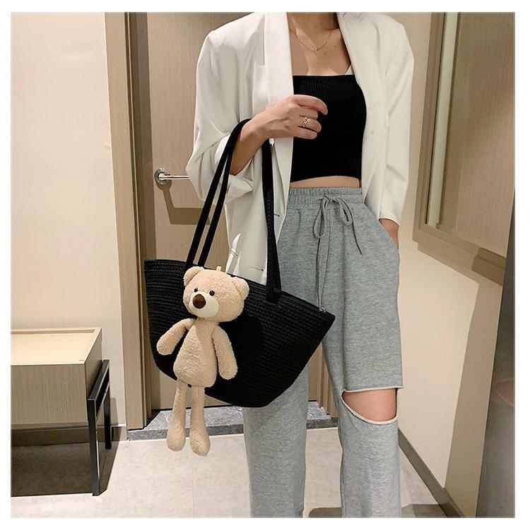 Woven Bag Large Capacity Ethnic Style Plush Bear Cute Straw Bag Shoulder Bag Travel Beach Bag