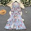 French holiday style floral print horn sleeve dress women's long sleeve lace-up waist A-shaped long dress elegant temperament