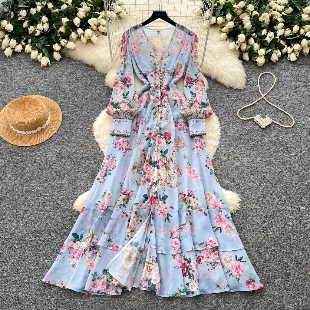 French holiday style floral print horn sleeve dress women's long sleeve lace-up waist A-shaped long dress elegant temperament