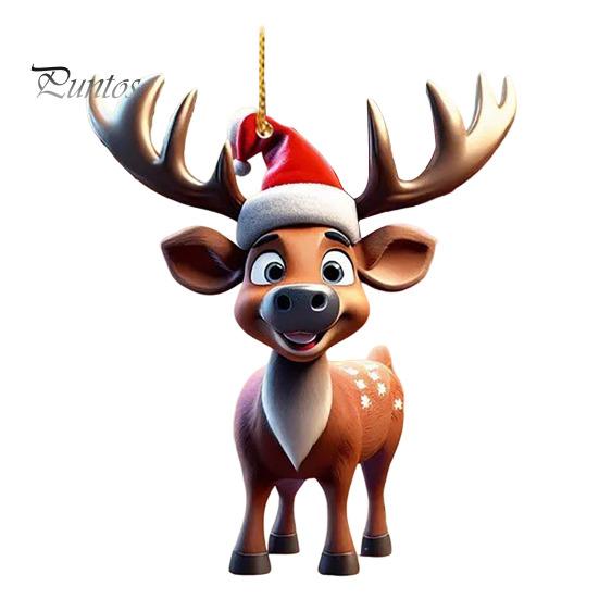 Colgante de ciervo navideño de acrílico 2D, adorno colgante de reno plano, gorro de Papá Noel de dibujos animados, colgante de reno para decoración del árbol de Navidad del hogar