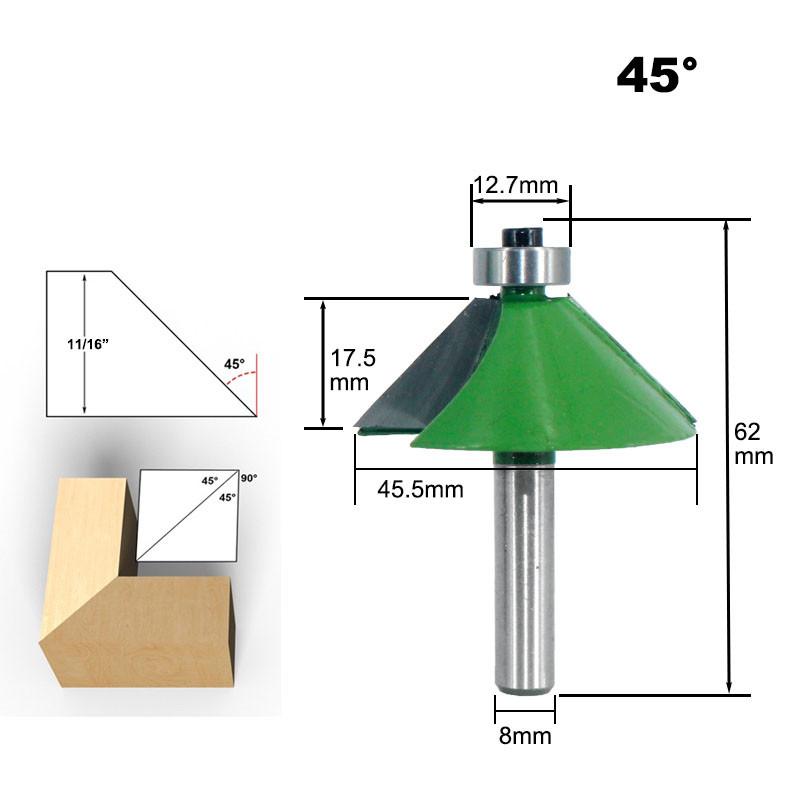 Punta del router per smusso con codolo 1pc 8mm 11.25 15 22.5 30 fresa da 45 gradi per macchine utensili per lavorazione del legno in legno