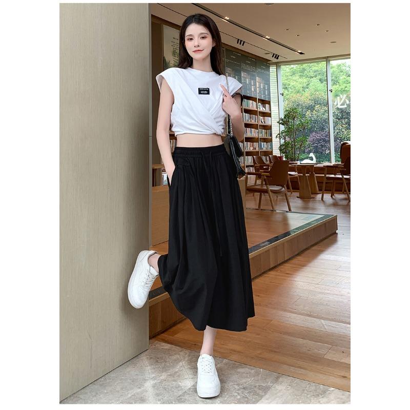 

Ледяной шелк горная юбка-брюки летняя тонкая плиссированная повседневная юбка-свинг универсальная с высокой талией тонкая ленивая драпированная юбка XL чёрный