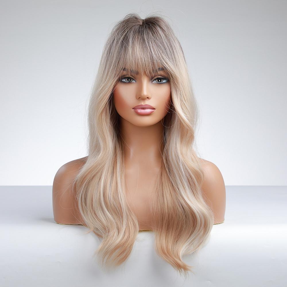 EASIHAIR Long Golden Blonde Ombre Wavy Synthetic Wigs for Women Cute Natural Hair Wigs with Bangs Heat Resistant Wigs Cosplay