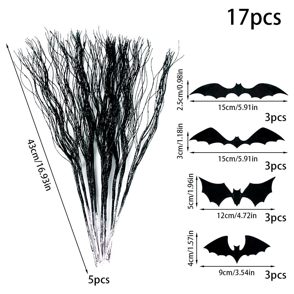 Halloween Black Artificial Curly Willow Branches Decorative 3D Bat Stickers Glittery Faux Branch Sticks Halloween Party Decor