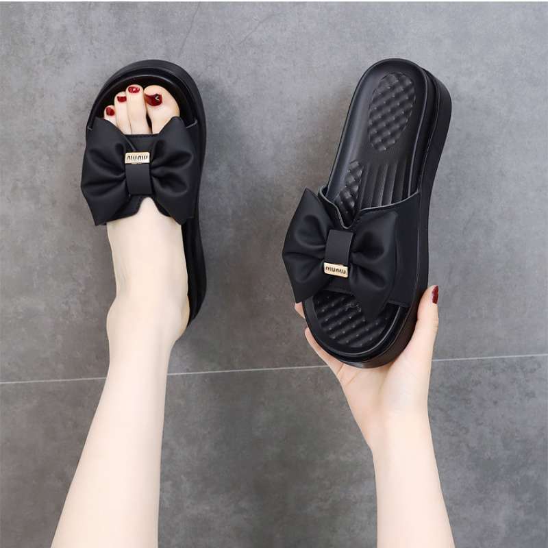 Thick-soled Slippers for Women's Summer Outer Wear 2025 New Bow Heightening Skirt Versatile Non-slip, Light and Comfortable One-word Drag