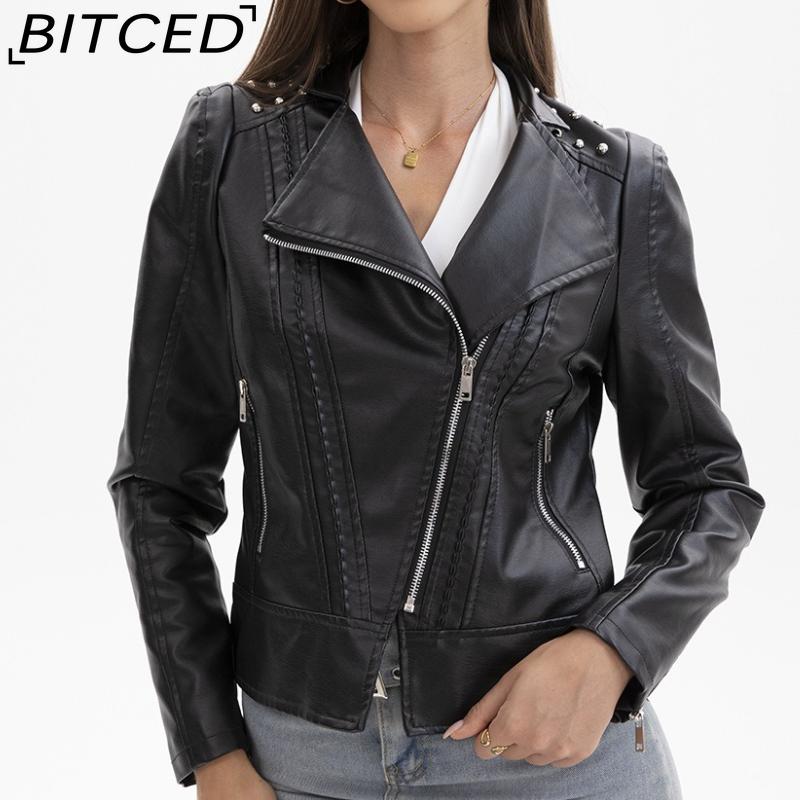 BITCED Spring/Autumn Women's Leather Jacket Slim-Fit Lightweight Short Jacket Biker Jacket