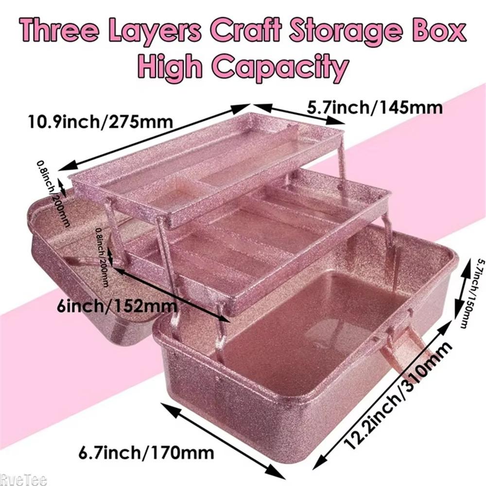 Glitter Pink & Craft Tool Storage Box,3-Layer Stackable Carry Tackle Box Sewing Box Organizer For Art
