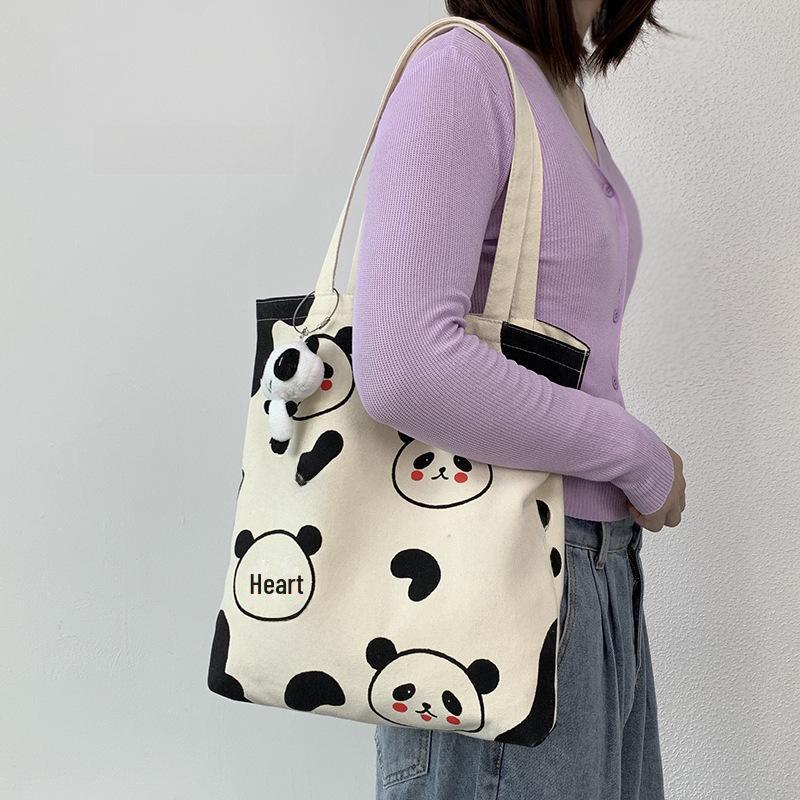 Geantă de umăr din pânză cu model panda pentru femei - Drăguță, capacitate mare, stil japonez și coreean pentru studenți și serviciu