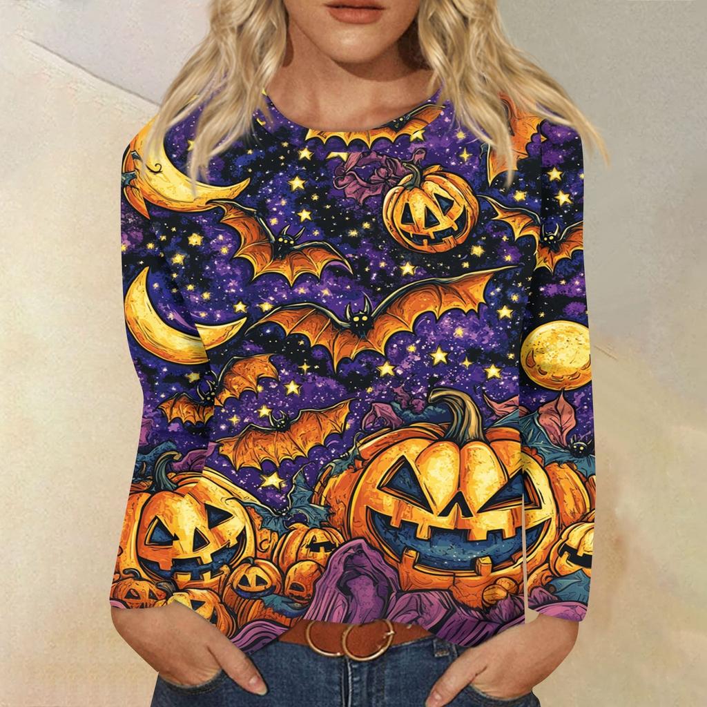 Modisches, lässiges Langarm-Oberteil mit Rundhalsausschnitt und Halloween-Print für Damen
