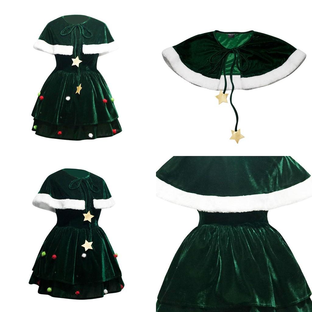 Gorgeous Women Christmas Tree Cosplay Costume Plus Size Xmas Dress Cloak Hat Party