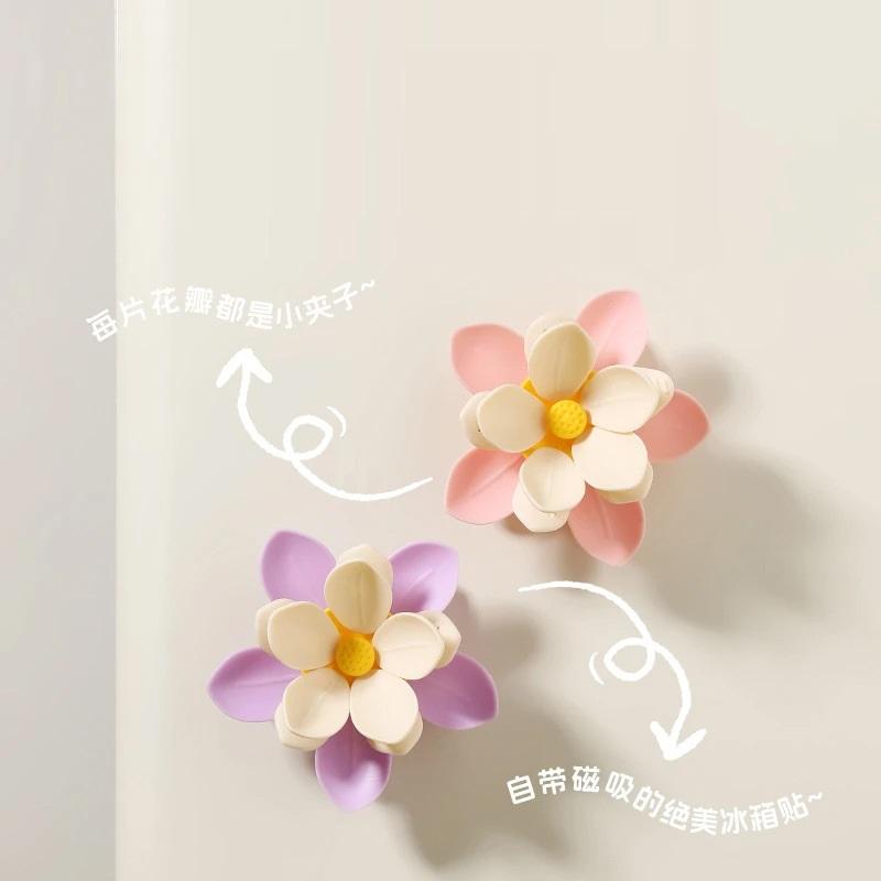 3D Purple Lotus Double Layer Magnetic Sealing Clips Fridge Magnet Food Snack Bag Holder Refrigerator Decor Kitchen Accessory
