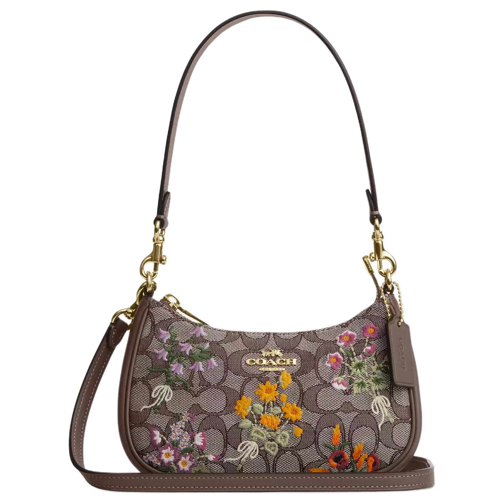 

Coach Teri 20 Signature Jacquard Floral Embroidery Leather Shoulder Bag Small Women bags Dark-Brown CDW65-IMPU7 Basic Set (Bag+Dust Bag)