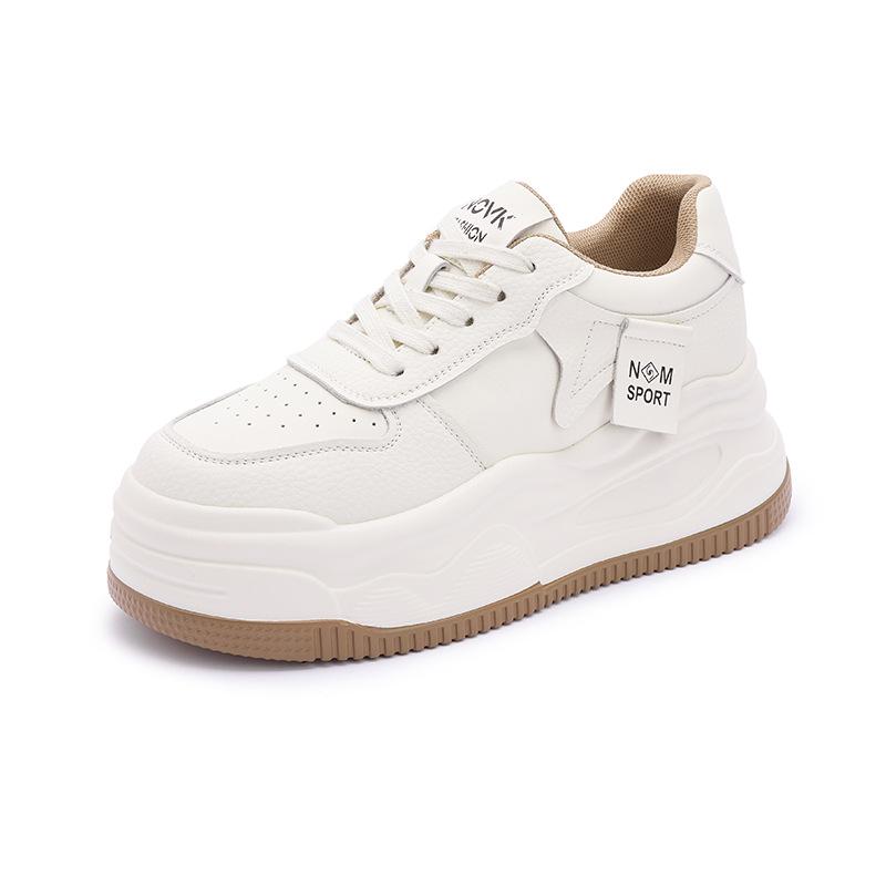 2024 Women's White Genuine Leather Height-Increasing Round Toe Casual Sneakers