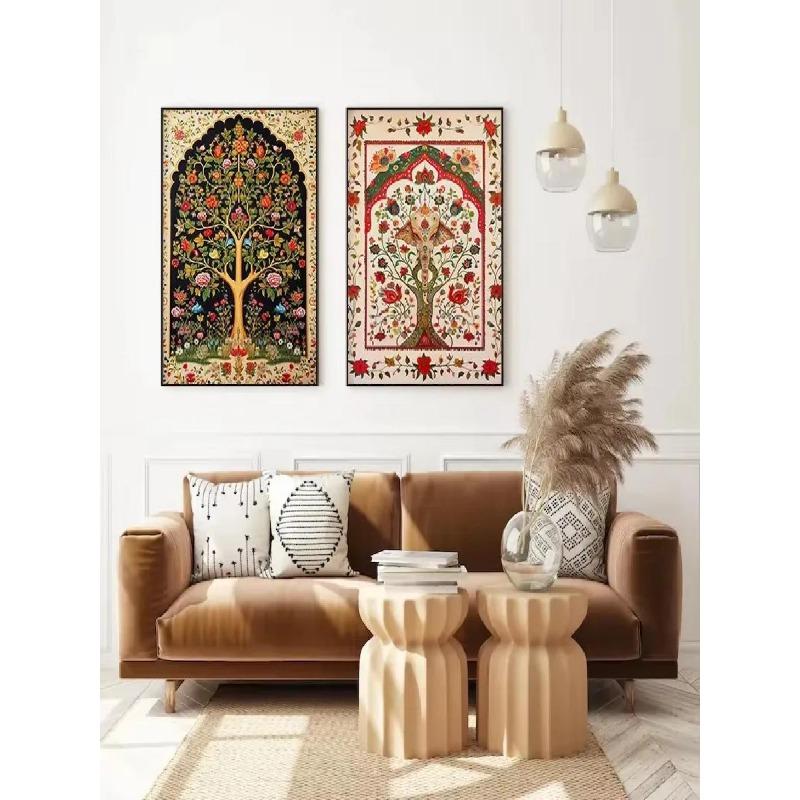 Vintage Indian Folk Art Tree of Life Lotus Floral Canvas Painting  Persian Pattern Wall Decor Poster for Home Room