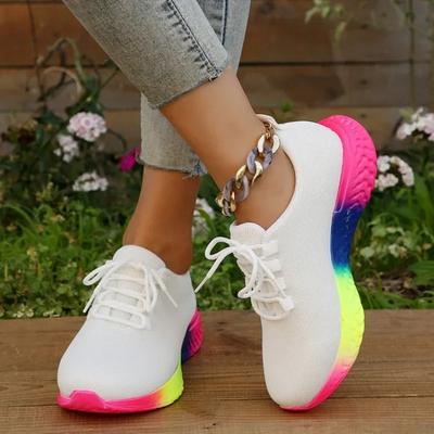 Modische Damen-Sneaker Mesh Atmungsaktive Laufschuhe für Damen Runde Zehenpartie Regenbogensohle Sportschuhe Rutschfeste Damen-Tennisschuhe