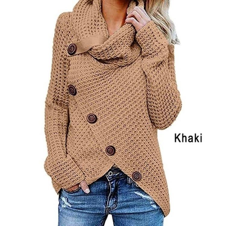 Long Sleeved Women Cardigan Turtleneck Knitted Sweaters Loose Pullovers Irregular Hem Buttons Tops 5XL хаки