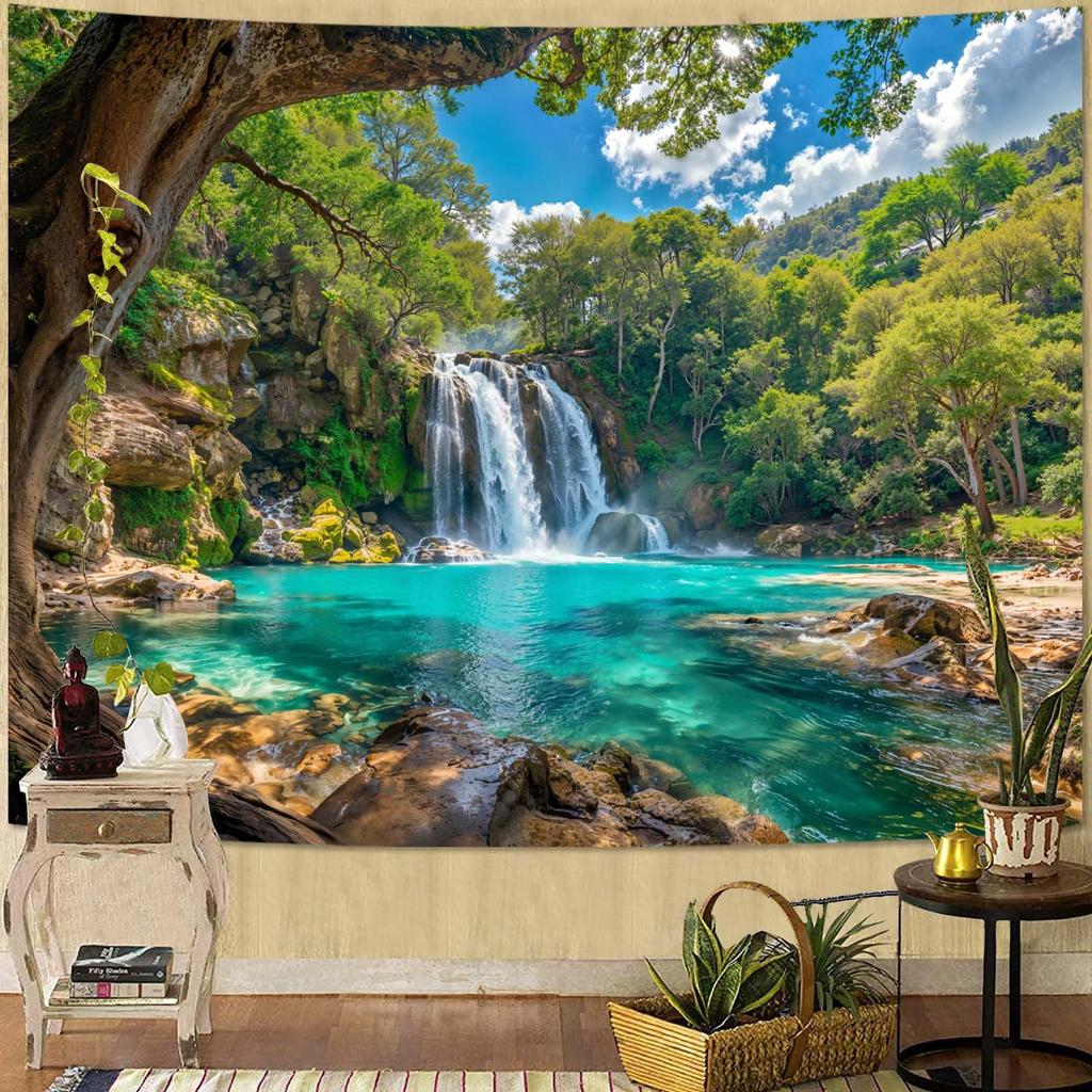 Tropical Forest Waterfall Tapestry Healing Nature Landscape Wall Hanging for Bedroom Living Room Homestay Decor