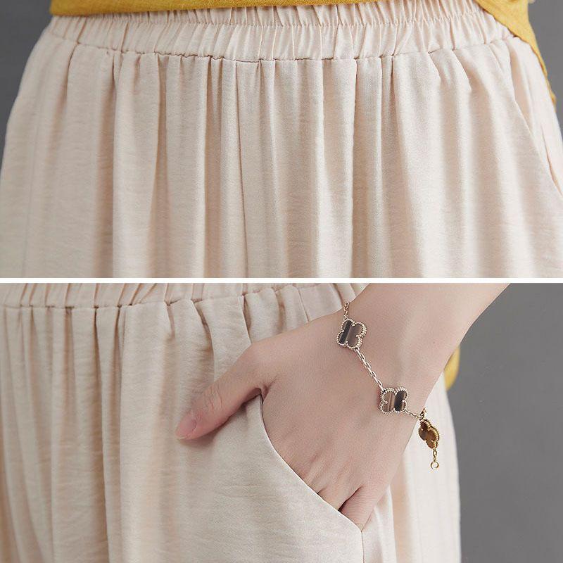 Móda pro matky středního věku Letní bavlněný a lněný oblek Letní luxusní nadměrná velikost Dvoudílný set s krátkým rukávem Tričko s krátkým rukávem + Kalhoty se širokými nohavicemi