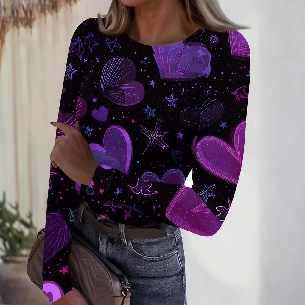 Women's Casual And Fashionable Round,neck Long,sleeved Ribbed Top With Valentine's Day Print.