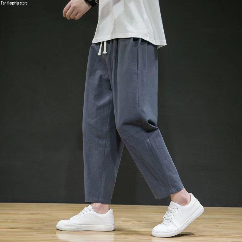 Men's Trendy Loose-Fit Cotton Linen Summer Pants - Lightweight, Casual, All-Match, Plus Size, Nine-Point Length.