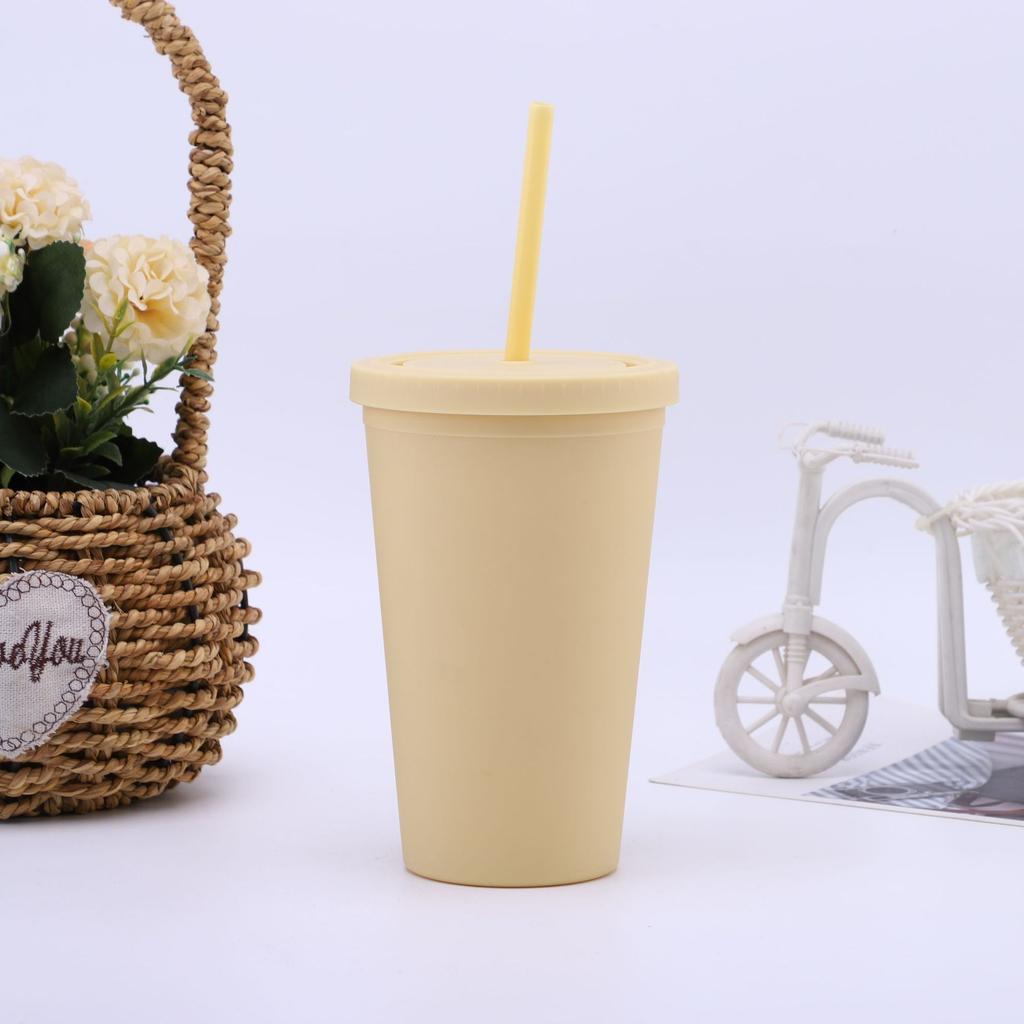 16/24 oz doppelwandiger Plastikbecher mit Strohhalm, Kaffeebecher, gefrosteter Plastikbecher, handlicher Wasserbecher, leicht zu tragen, Strohhalm, Wasserkocher, Sportflasche