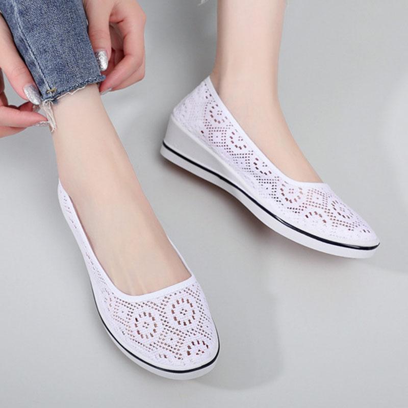 Fashion Comemore White Lace Hollow Breathable Shoes Flat Mid Wedge Heel Women's Summer Slip On Shoes Size 34-41 Black Sneakers Women