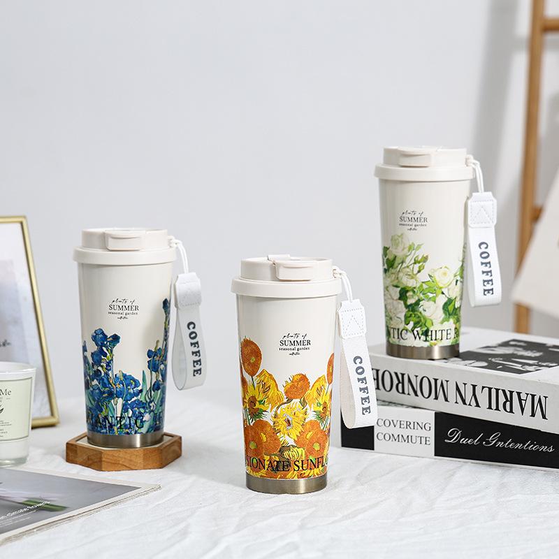 2025 316 Izolovaný hrnek na kávu pro ženy: Elegantní cestovní hrnek s dvojitou stěnou a designem konvalinek