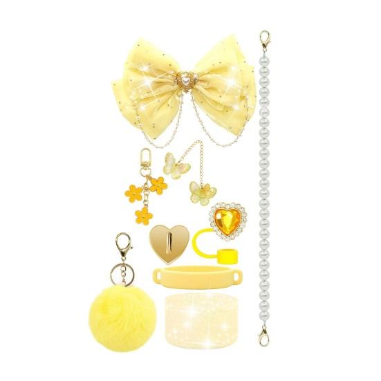 1 Set Tassenhülle Funkelnde Strasssteine Schleife Plüschball Dekoration Kunstperlen Lanyard Tassenzubehör mit Silikonboden-Schutz