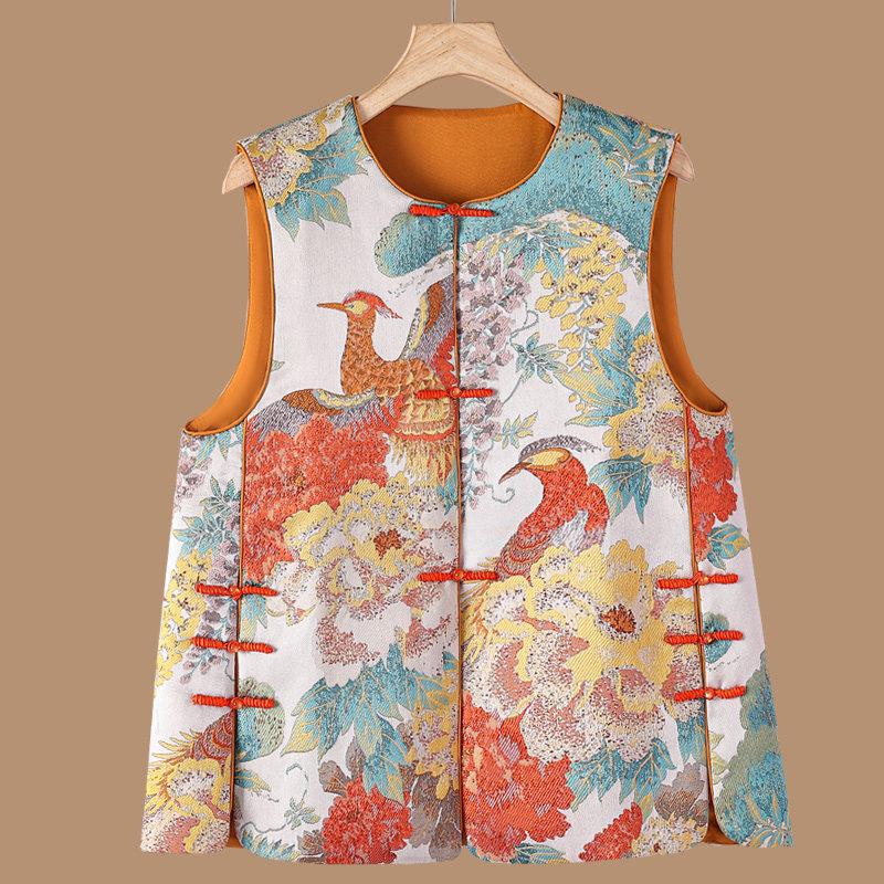 Women s Retro Tang Suit Jacquard Vest: Chinese Song Brocade, Heavy Embroidery, Sleeveless Outerwear for Spring and Autumn. XL (50-58 kg) оранжевый