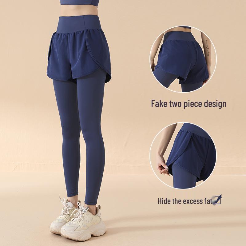 2025 High Waist Yoga Pants: Fake Two-Piece, Elastic, Hip-Lifting, Tummy Control, Nude Feel, Anti-Exposure Running and Fitness Wear