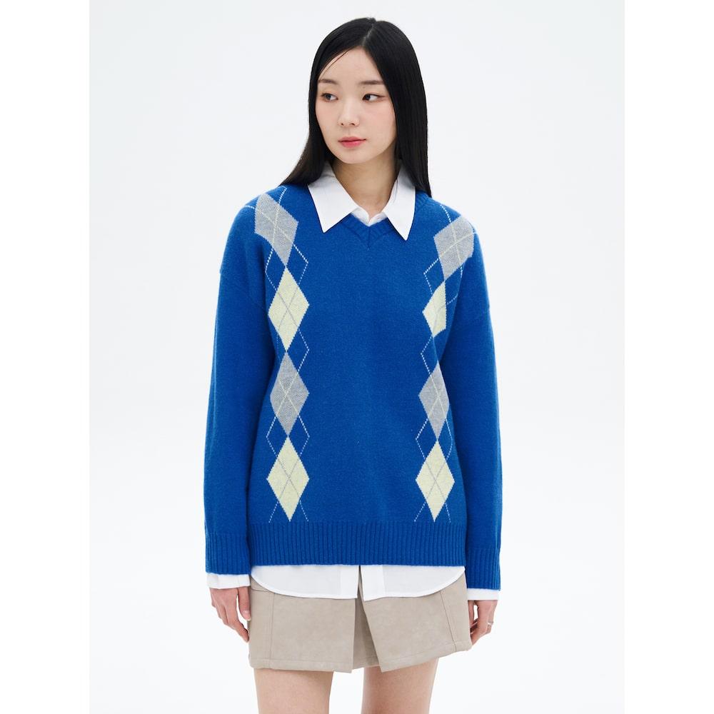 8Seconds Argyle Check V-Neck Pullover Blue Blue/S