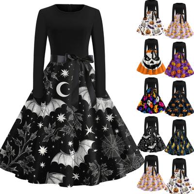 Women's Cute Vintage Halloween Print Dress with a Round Neck, Casual Party Outfit for Fall and Halloween Celebrations