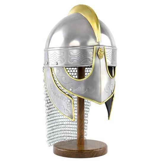 Viking Wolf Armor Helmet Silver Gold  Medieval Metal Knight Helmets With Brass Accents Chainmail  Wearable For Adult