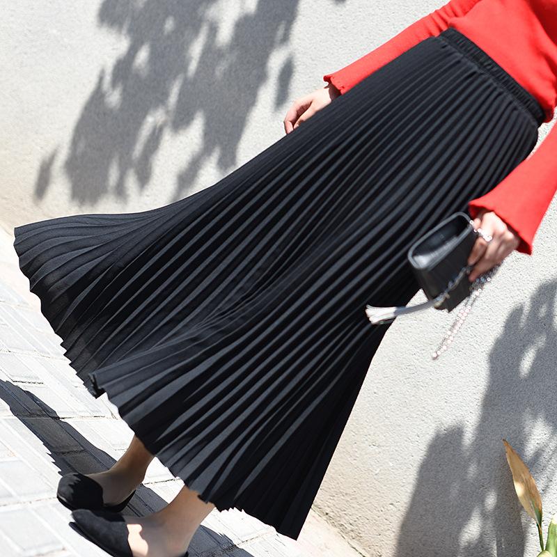Women Summer Solid Long Dress Elastic Waist Pleated Boho Beach Maxi Skirt