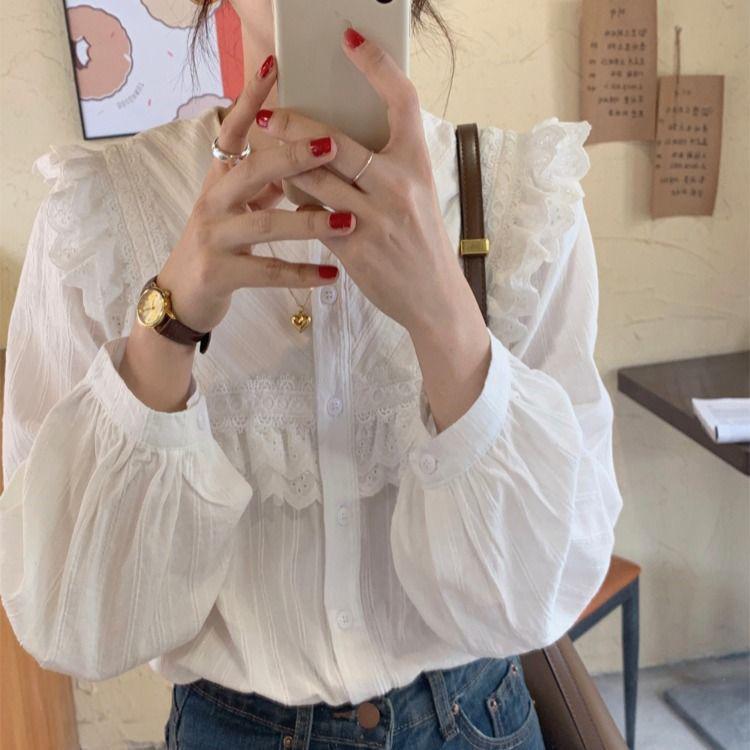 Koszule damskie Latarnia Długi rękaw Kołnierz z klapami Bluzki damskie Proste bluzki koronkowe do wypoczynku