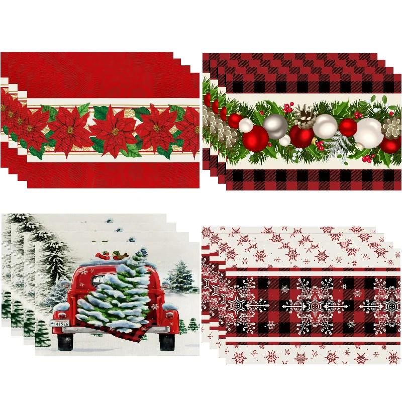 4pcs Christmas Placemat Theme Placemat Red Black Decorative Table Mat Western Meal Table Pad Christmas Dining Table Decor
