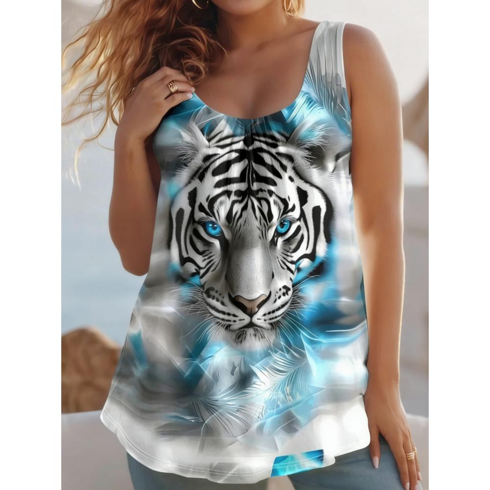 Summer Women's Large Size 3D Printing Flower Tiger Cat Vest Loose Fashionable Comfortable Soft Breathable O Neck Sleeveless Vest