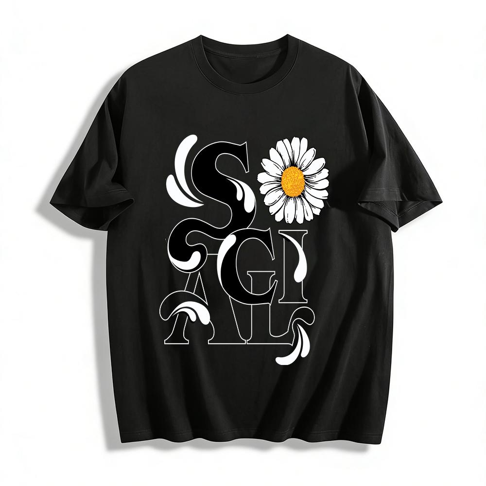 Retro Style SC Letter Daisy Print Casual T-Shirt Pure cotton T-shirt XXS