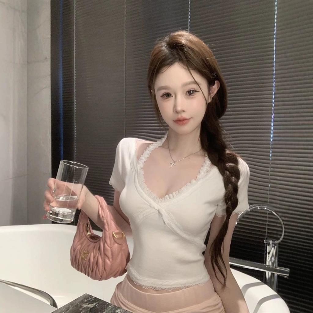 Lace lace neck top women's summer pure desire style Spice Girl V-neck short sleeve slim and thin bow short T-shirt