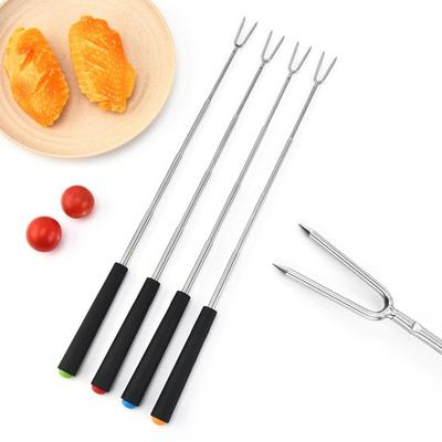 2Pcs Retractable BBQ Fork with V-Shaped Prongs Non-Slip Handle Stainless Steel Grilling Fork Portable Outdoor Cooking Tool for Camping Picnic Party