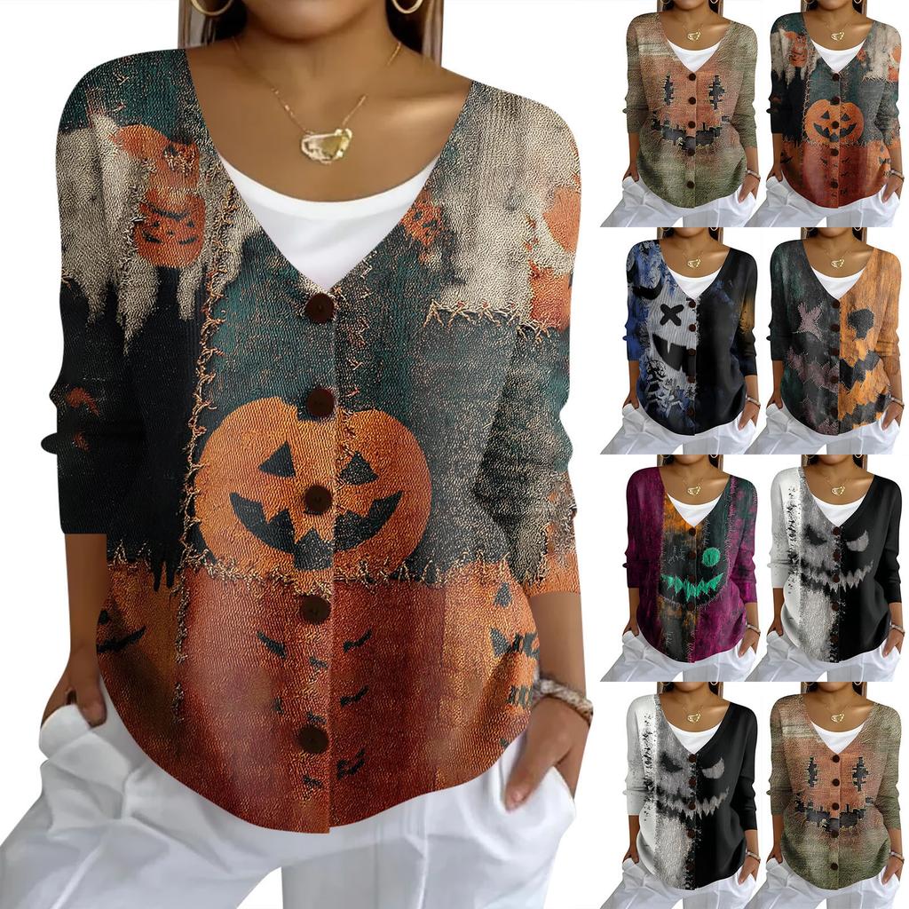 Women's Fashion Casual Knit Sweater Button-Up Halloween Printed  Cardigan Jacket