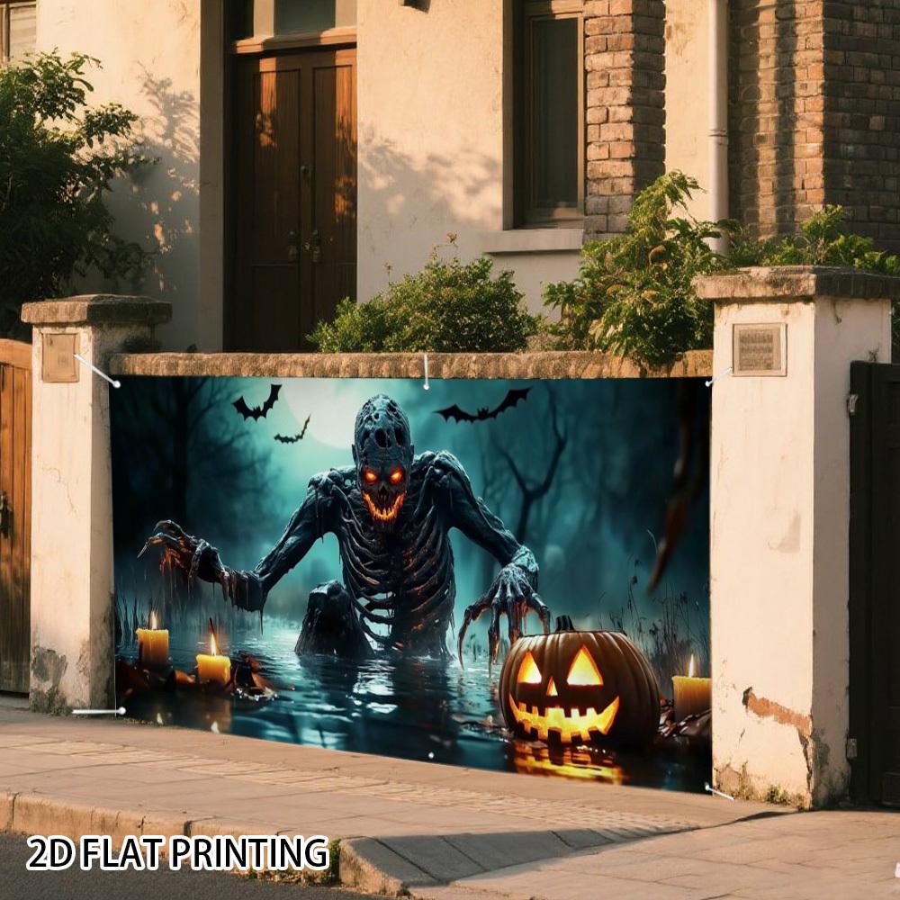 2D banner 1 piece, Halloween zombie in moonlight garage door cover, Halloween decorations, Halloween decorations