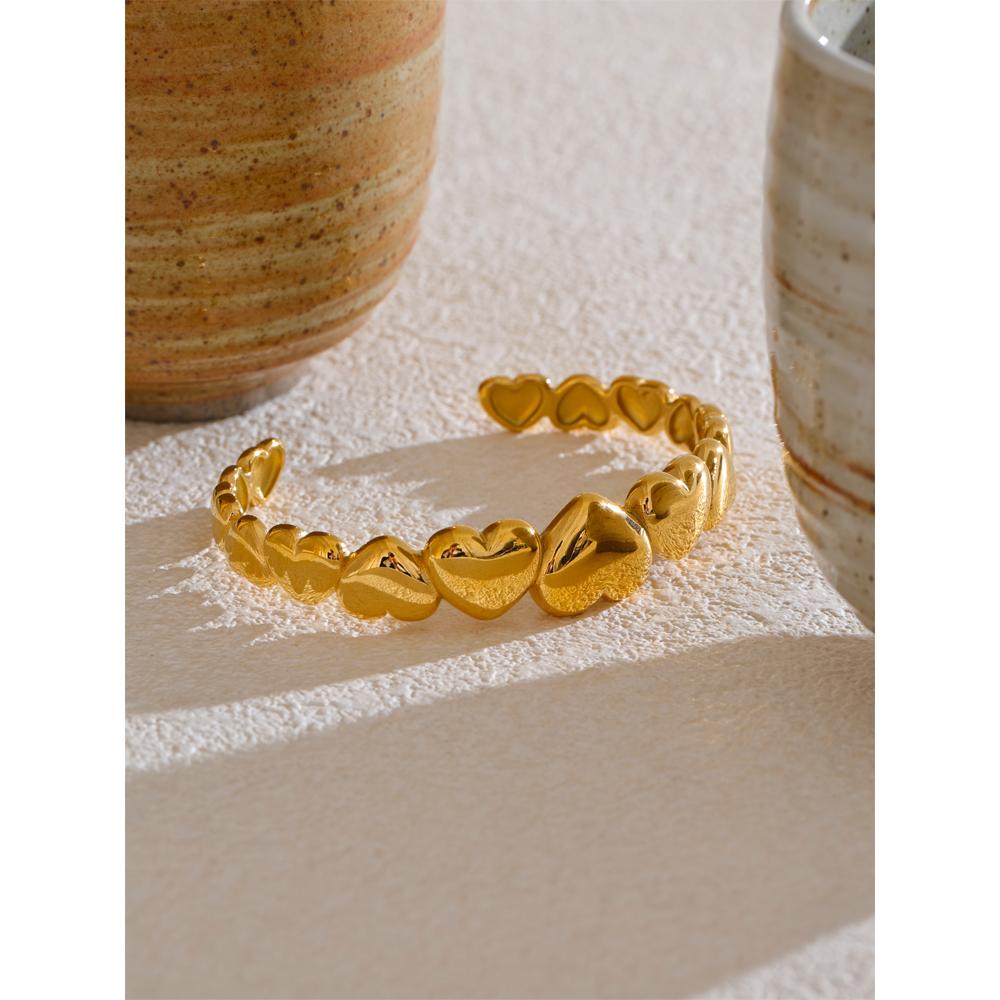 Yhpup 62mm Stainless Steel Metal Heart Love Cuff Open Bracelet Bangle Water Resistant Texture Golden Romantic Jewelry Gift