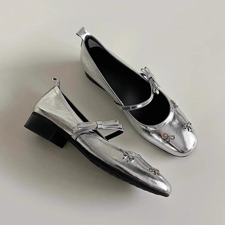 Sheepskin version~ bow-tied silver French single shoes women's flat-bottomed light-mouth Mary Jane shoes one-word buckle versatile small leather shoes