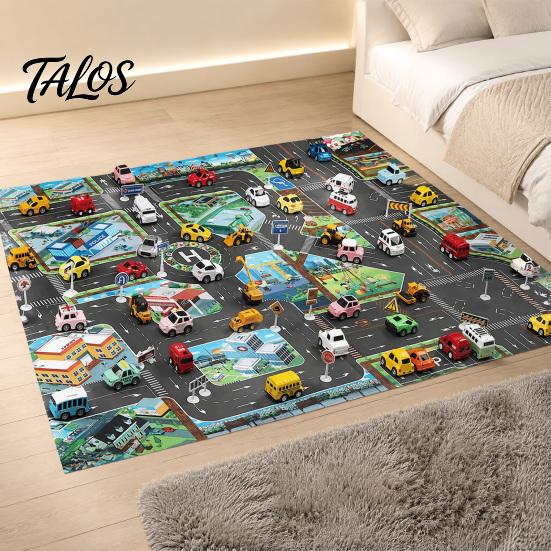 Non Slip Crawling Mat for Babies City Traffic Play Kids, 130x100cm Car Road Scene Toy Carpet Cars Rug with Signs, Foldable PVC Floor Bedroom