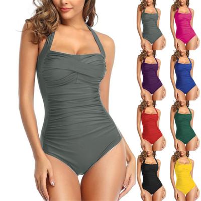 Maiô feminino sexy estampado vintage com babados e alças penduradas no pescoço, peça plus size