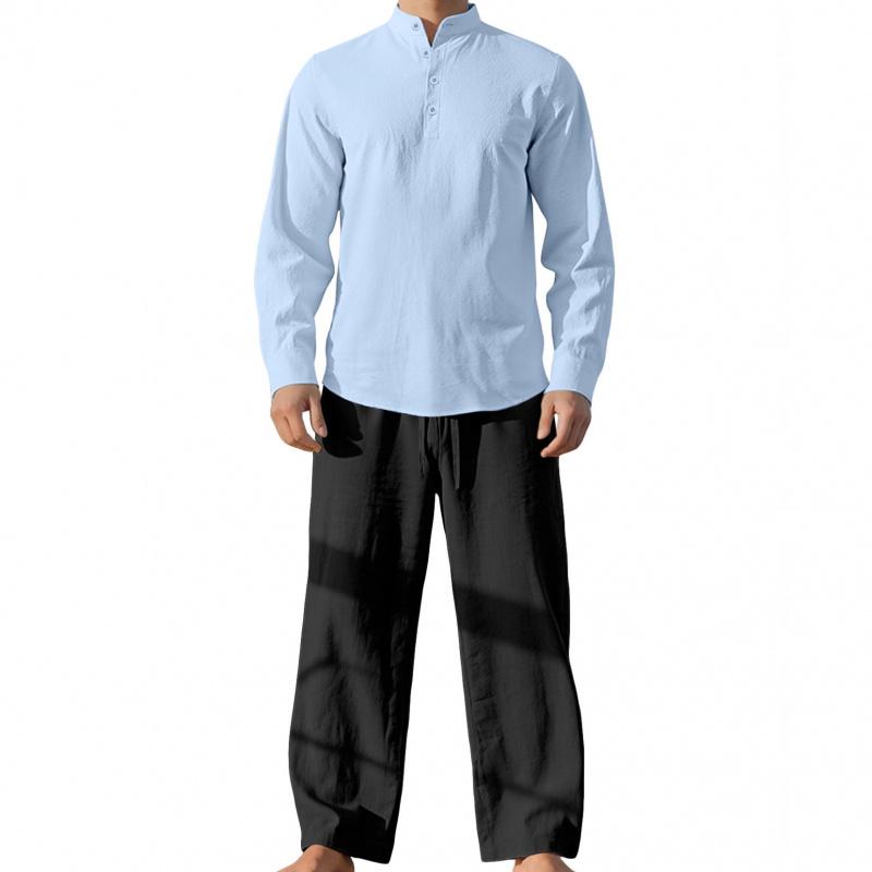 

Spring And Autumn Thin Long-Sleeve Shirt + Casual Sports Pants Men Set Stand-Up Collar Cotton-Linen Solid Color Shirt Suit 3XL світло-синій колір