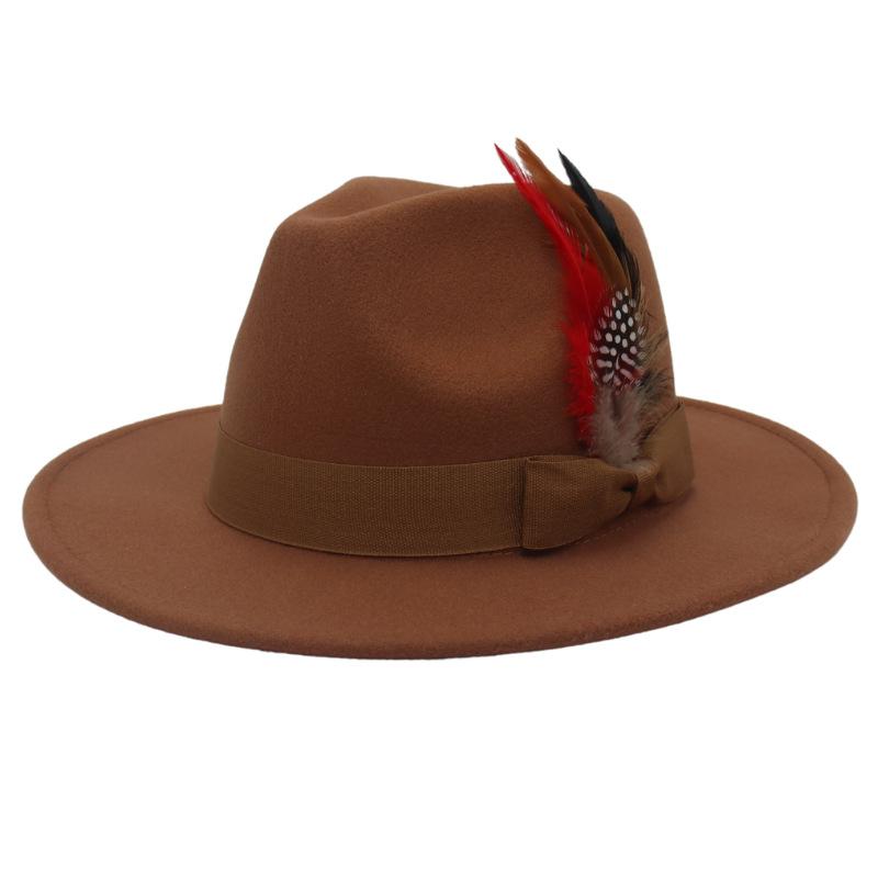 Bow Feather Top Hat Big Eave Hat Men'S And Women'S Cashmere Felt Hat Wind Hat