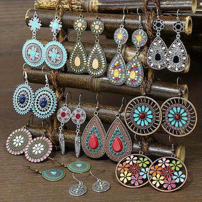 Ethnic Retro Bohemian Colorful Enameled Earrings For Women Boho Hollow Flower Geometric Round Vintage Drop Dangle Jewelry Gift