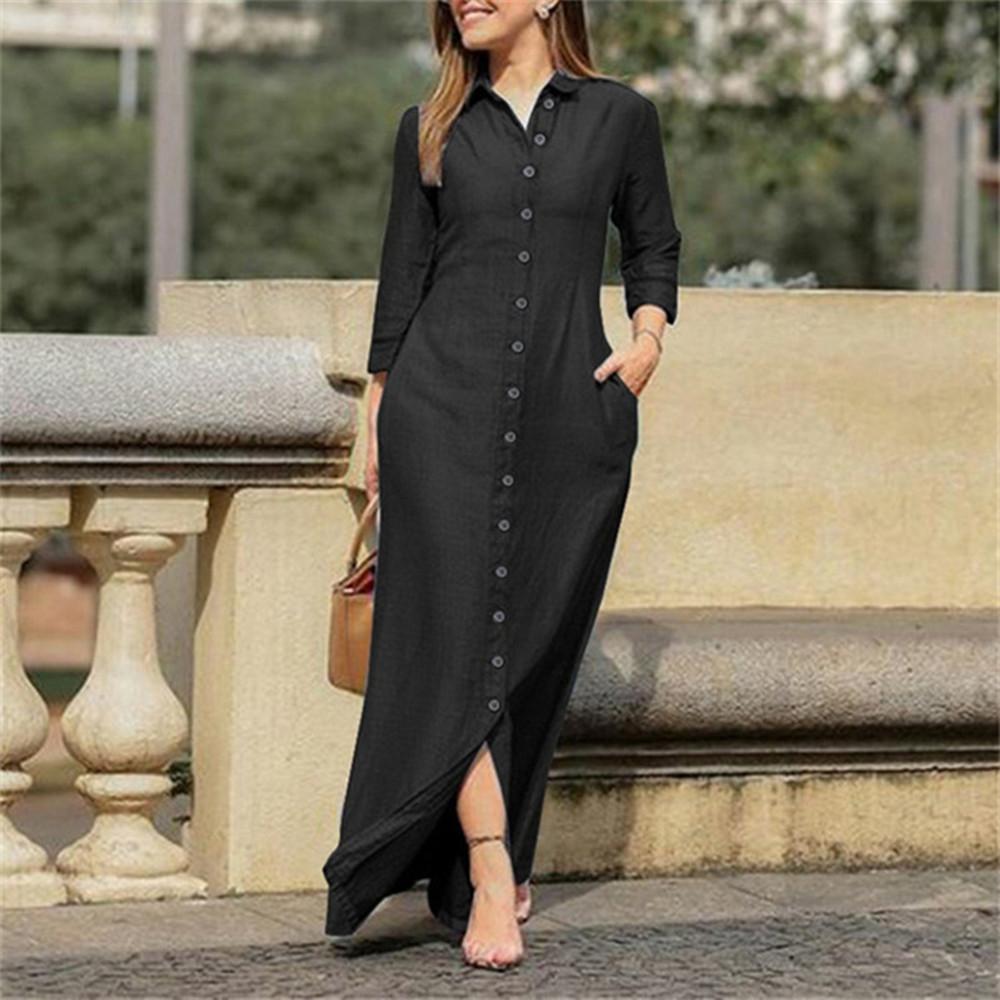 New Women's Autumn and Winter Fashion Casual Lapel Shirt Long Dress